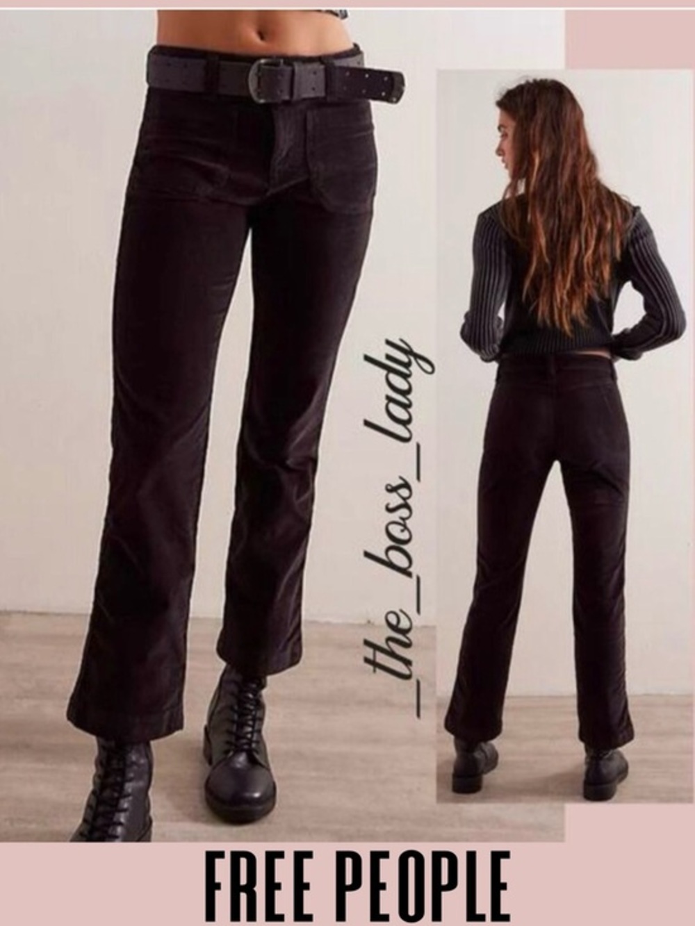 Free People corduroy pants velvet pants flare high rise cropped cotton 6 black